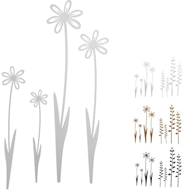 NETPROSHOP 4er Set Blumen oder Zweige zum Stecken Gartenstecker Metall Höhe ca. 15-30 cm, Farbe:Weiss, Auswahl:Blumen