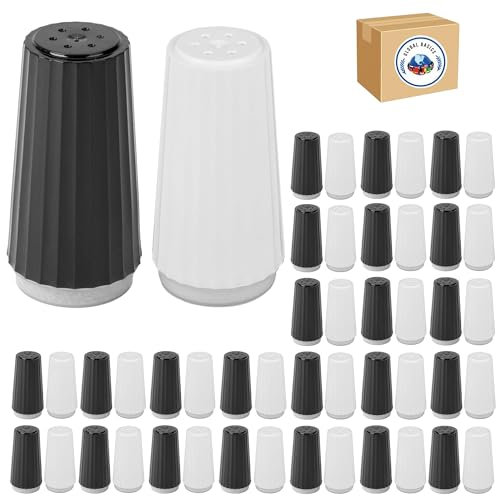 Disposable Salt and Pepper Shakers by Global Basics - Plastic Shaker Sets for Parties, Restaurants, Picnics, Cookouts - Prefilled Salt and Pepper Shakers with 4oz. Salt, 1.5oz. Pepper - 48-Pack