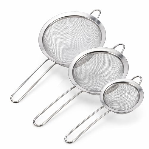 BML 3 Piece Stainless Steel Fine Mesh Strainer Set Kitchen Sieves with Long Handle Food Strainers for Tea Coffee Flour Rice Pasta Oil Draining and Baking