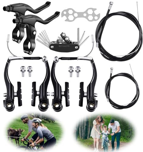 ICOUVA 1 Pairs Bike Brakes,Universal Complete V Bike Brakes Set,Mountain Bike Replacement for Most Bicycle,Road Bike Brakes Cables with Front Back Wheels Bike Brake Levers and All Fixings