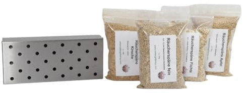 Starter Set di diversi tipi di trucioli per affumicatura mela/faggio/ciliegia/abete rosso e scatola per affumicatura