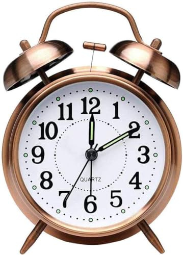 Twin Bell Alarm Clock – Loud Retro Analog Alarm Clock for Heavy Sleepers, Silent Non Ticking Bedside Table Clock with Night Light, Vintage Battery Operated Alarm Clock for Bedroom, Office & Travel
