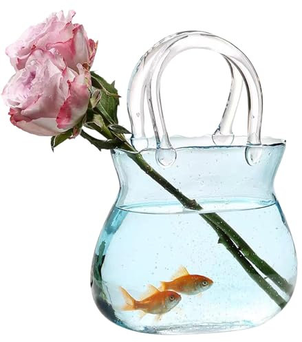 Florero de vidrio para flores | Jarrón de vidrio | Florero de vidrio transparente para decoración de mesa | Florero de cartera con cuenco de pescado | Florero de flores en forma de bolso | Jarrón