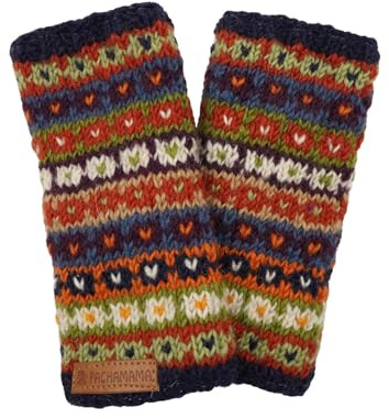 Pachamama Dam ull handhandledsvärmare fleecefodrad handstickad fläckig rand blå flerfärgad en storlek handgjord tumspår termisk extra varm rättvis handel