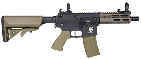 Fusil de Airsoft eléctrico Modelo Sentinel Tau 5,5'' de la Marca Rossi® en Color Negro y Tan con gatillo electrónico ETU con Freno Activo
