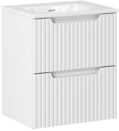Lomadox Badezimmer Waschtisch 50cm mit Keramikwaschbecken, weiß mit gerillter Front