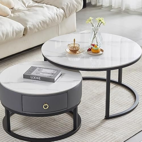 CUCKQUIC Runder Couchtisch, 2-Teiliges Satztisch-Set Mit Metallrahmen Und Platte Aus Kunstmarmor, Kleiner Runder Couchtisch Für Kleine Räume, Modernes Stapelbares Beistelltisch-Set A,70x45+50x40cm