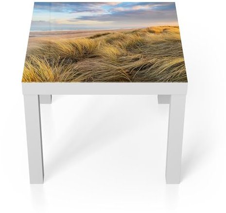 DEQORI Glastisch | weiß klein 55x55 cm | Motiv Dünen am Meer | ausgefallener Beistelltisch aus Glas | Hochglanz Couchtisch fürs Wohnzimmer | moderner Couch Tisch mit Design