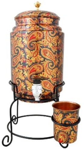 jewellary hub, dispenser d'acqua in puro rame martellato, brocca Tamba, pentola Matka, contenitore per serbatoio dell'acqua, 1 bicchiere con supporto in ferro, 5000 ml (rame, multi D252)