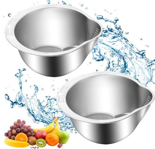2 cuencos de arroz de acero inoxidable, colador de arroz de grado alimenticio con boquilla, colador de pasta de acero inoxidable, colador de cocina para lavar y escurrir quinua, frutas, verduras,
