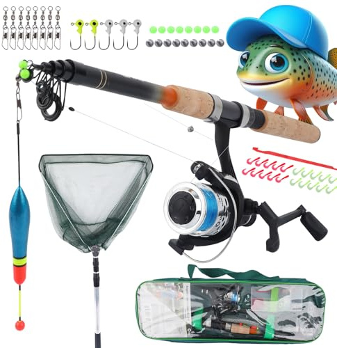 Q-Tac - Angelset Forelle/Barsch mit Kescher [Angelfertig montiert & Angelrolle bespult] Angelset komplett für Gelegenheitsangler & Anfänger, Angel Set für Forellen Angeln, Forellenrute