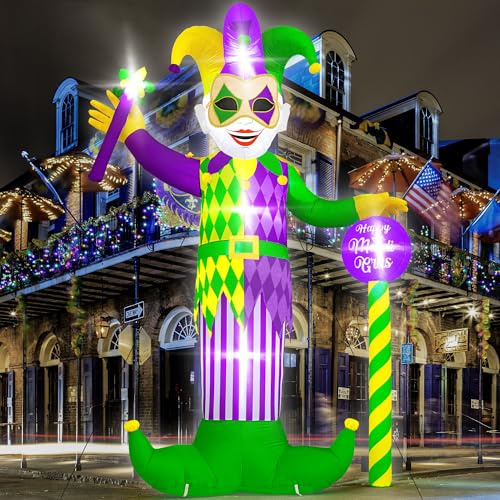 Mardi Gras gonflable de 3,7 m, grand bouffon gonflable avec masque tenant un sceptre de fleur de lys, clown gonflable lumineux pour carnaval, fête, cour, pelouse