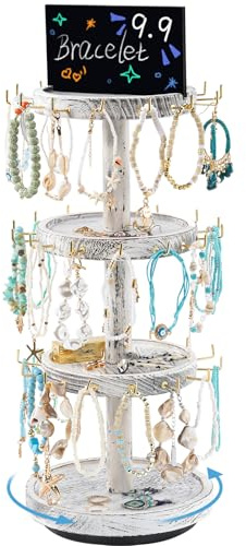 Lolalet 4 Tier Bracelet Holder, Wooden Rotating Bangle Display Stand with 42 Hooks and Tray Base, 360 Degrees Rotatable Rustic Tree Storage for Bracelets Key Chains Small Accessories -White