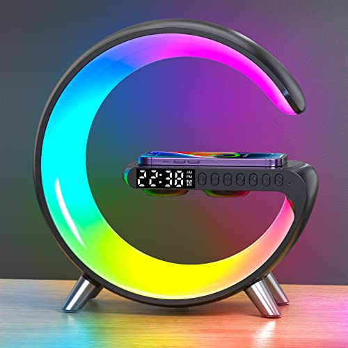Ecopandy Kabelloses Lautsprecher-Ladegerät, intelligenter Wecker, LED-Tischlampe, Bluetooth-Lautsprecher, Atmosphäre, Nachttischlampe mit kabelloser Ladestation, Wecker, Musikbeleuchtung