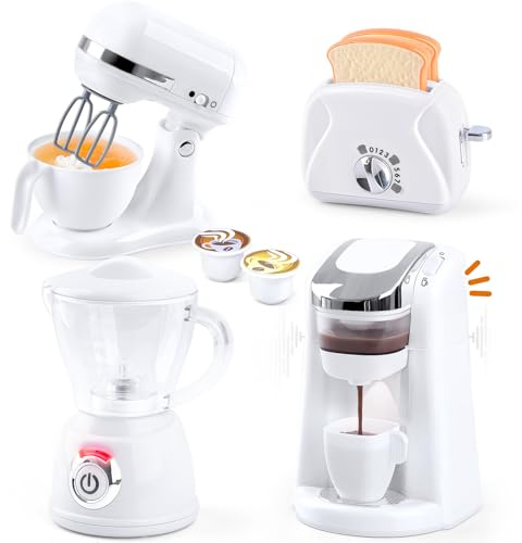 PLAY Accessori Cucina Bambini, Set di Accessori Cucina Giocattolo con Macchina Caffè Giocattolo, Mixer, Frullatore e Tostapane con Luci e Suoni, Kit Elettrodomestici Cucina per Bambini da 3+ (Bianco)