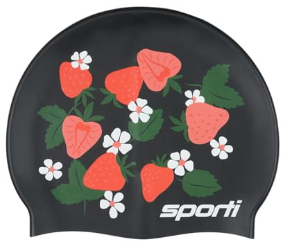 Sporti Silicone Swim Cap for Women & Men, Lightweight Bathing Cap, Non-Slip, Easy Wear, Removal, Protects Hair - Strawberry Fields