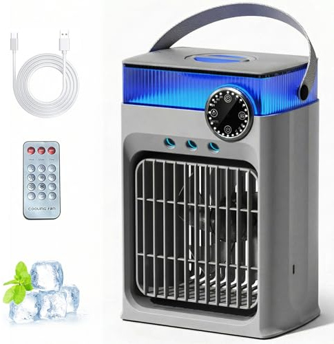 YFFU Mobile Klimaanlage mit Fernbedienung, 1200 ml USB Luftkühler, RGB 8 Lichtfarben mit Timer, 3 Gebläsestufen 3 Sprühmodi, Mini Klimaanlage Luftkühler für Zuhause,Grauweiß