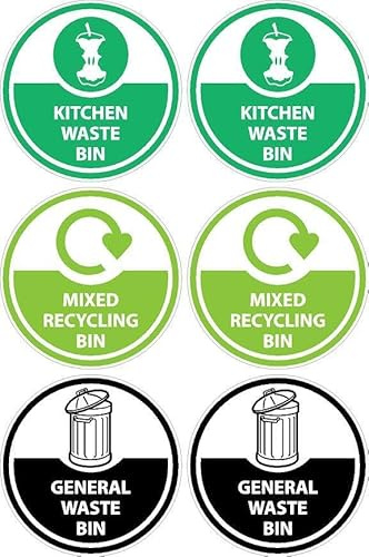 Set of Recycling bin stickers, 2 x general waste, 2 x mixed recycling and 2 x kitchen waste, pack of 6, 100x100mm on A4 sheet