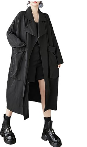 Juankrynord Cappotto da Donna primaverile con revers tinta unita due tasche laterali manica lunga oversize ampio trench giacca casual da ufficio patchwork taglie forti (Nero,Taglia unica)