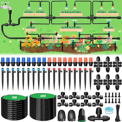 MQJIAZHI Kit Irrigazione Goccia, 65M+10M Automatica Sprinkler Gocce, 152PCS Impianto a Goccia per Orto per La Cura Del Paesaggio, Delle Aiuole e Delle Piante Del Patio