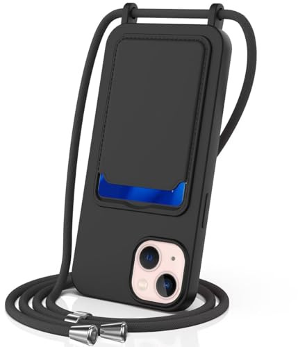 FMPCUON Handykette Flüssigsilikon Hülle für iPhone 15 mit Band,Handyhülle mit Kartenfach,Necklace Schutzhülle mit Abnehmbar Kordel zum Umhängen Stossfest Bumper,Schwarz