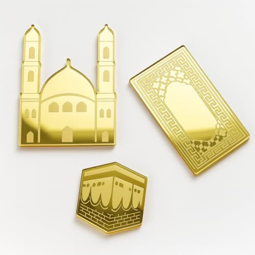 4Pcs Umrah Mubarak Bento Cupcake Acrylic Cake Charm Gold Mirror Laser Cut 3mm Thick Premium Quality (3Pcs Add-on Mosque, Prayer Mat, Kaabah Cake Charms)