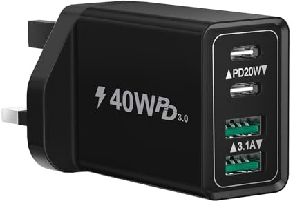 USB C Plug Fast Charge, 40W 4-Port Multi USB Plug Charger UK Dual Port USB-C Power Adapter + QC Wall Charger Head Type C Charging Plug for iPhone 16 15 14 13 12 11 Pro Max, iPad, Samsung