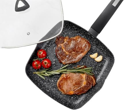 Poêle à griller antiadhésive de 9,5 pouces, carrée avec revêtement en marbre et couvercle, compatible avec toutes les cuisinières