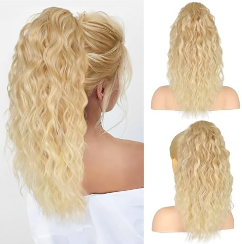 RONTAYA Extension Cheveux Naturel Clip - Postiche Cheveux Naturel Synthétique de, Multi couches duveux épais ondulé en fausses queues de poney cheveux Synthétique Blond clair mélangé à du blanc 46 cm