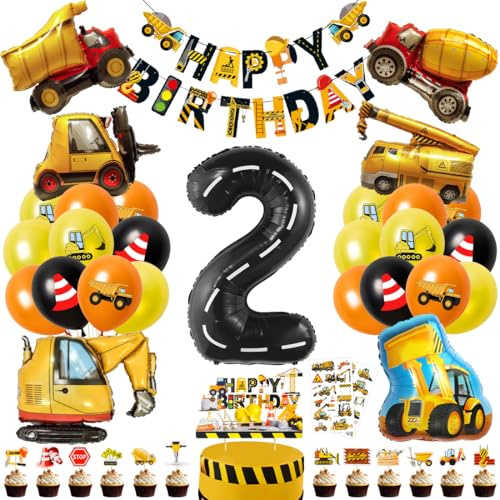 Cadimus Bagger Deko Kindergeburtstag 2, Baustelle Geburtstag Deko 2 Jahre, Bagger Geburtstagsdeko 2 Jahre, Baustelle Luftballons Geburtstag mit Happy Birthday Banner und Tortendeko
