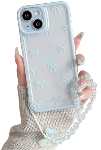 NITITOP for iPhone 15 Plus Case Cute Clear Bow Chain,Blue | for Women Girls, Aesthetic Bowknot Ribbon Design, with Wrist Strap, Soft TPU Shockproof Cover, Full Camera Protection