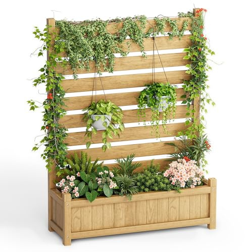 Pamapic Blumenkasten mit Rankgitter, Holz Pflanzkasten mit sichtschutz & Entwässerungslöchern, Pflanzkübel mit Rankgitter für Kletterpflanzen, Blumen & Gemüse, Garten, Terrasse