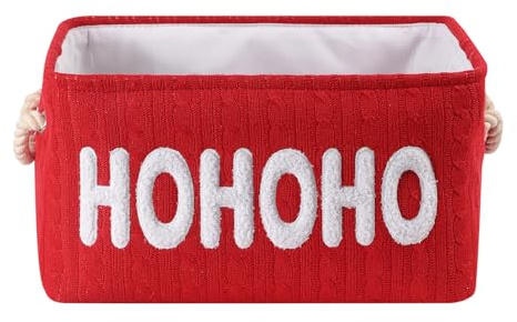 Grande Cesto di Natale Regali Natale Cestino – Rosso, Pieghevole, Filato Spesso, Ricamo HO HO HO – Regali, Decorazioni Natalizie, Giocattoli Cestino Portaoggetti Sacchetti Regalo Natale