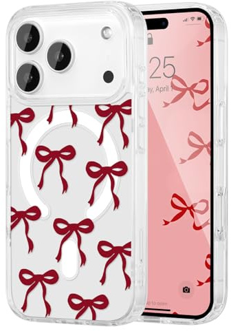 UEEBAI Bow Case for iPhone 17 Pro Max with Magsafe, Clear Burgundy | Built-in Magnets, Cute Slim Clear Aesthetic Pattern Pretty Phone Case for Women Girl Kid, Anti-Yellowing Translucent Cover