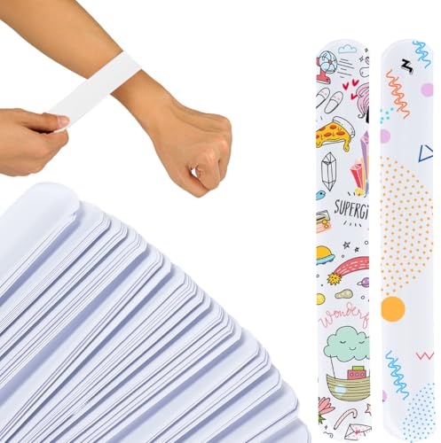WEFHEF 60PCS Pulseras de Bofetadas Blancas, Slap Pulseras de Juguete en Blanco, Banda de Pulsera para Adultos y Adolescentes, Pulseras Slap a Presión y Enrollables para Regalos, Fiestas,Manualidades