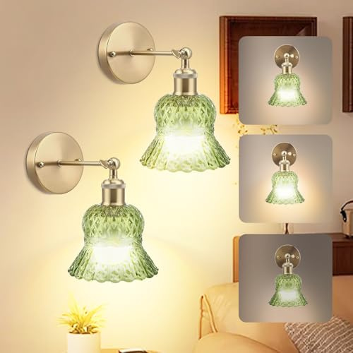 Wandleuchte Innen Akku 2 Stück, Vintage Gold Wandlampe Dimmbar mit Fernbedienung & Schalter - E27 Industriestil Nachttischlampe mit Grünem Glas Schirm, Verstellbar für Schlafzimmer, Wohnzimmer, Flur