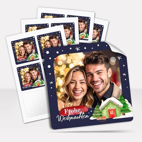 Weihnachtsaufkleber personalisiert mit Deinem Foto oder Logo für Geschenke quadratisch ca. 5,5 cm Aufkleber Frohe Weihnachten Geschenkaufkleber blau