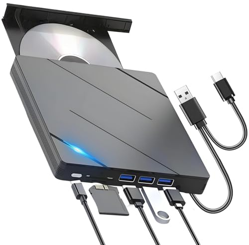Lector CD/DVD Externo para PC, Grabadora DVD Externa con 4 Puertos USB y 2 Ranuras para Tarjetas TF/SD, Portatil External CD DVD +/-RW Drive, USB 3.0 y USB-C Reproductor para Macbook Desktop Windows