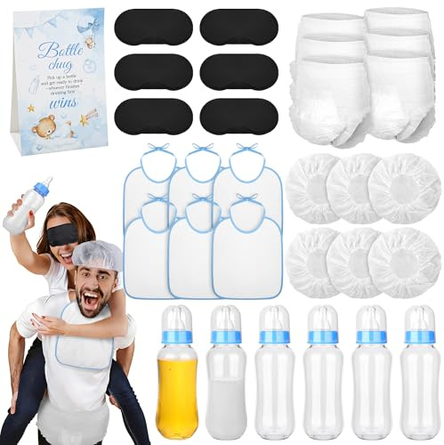 Aneco 6 Set Bottle Chug Baby Shower Games, Plastic Juegos Para Baby Shower Bottle, Gender Reveal Race Gifts Decoration with Bottles Bibs Sign Diapers Caps Blindfolds for Adult Party Supplies, Blue