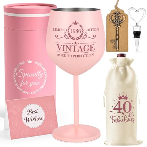 Livole 40th Birthday Gifts for Women, 18oz Red Wine Glasses, Pink | 1986 Birthday Presents for Women, Unbreakable, Stainless Steel Goblet, with Bottle Opener, 40 Fabulous Wine Bag