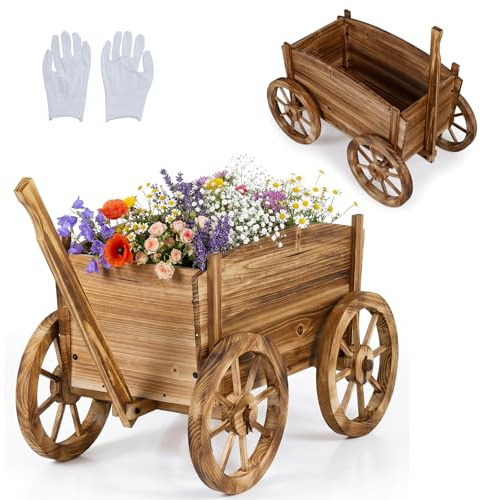 HOMASIS Carretilla de Jardín de Madera, Carro Portaplantas con Mango Ajustable y 4 Ruedas, Decoración de Jardín Vintage para Exterior con Orificio de Drenaje, 78 x 45 x 72 cm