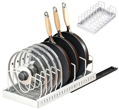 RANJIMA Topfdeckel Organizer, Ausziehbare Topfdeckel Organizer mit 8 Verstellbaren Fächern, Kitchen Pot Lid Storage Rack, Platzsparender Topf Deckel Halter Organizer für küche Schneidebretter Spatel