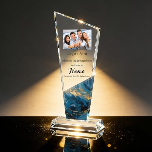 RSQGT Pokal mit Gravur Wunschtext Individueller Kristallpokal aus K9 Glas Personalisierbar mit Foto Logo komplexen Motiven Trophäe für Sport Firmen Abschiedsgeschenk Kollegen