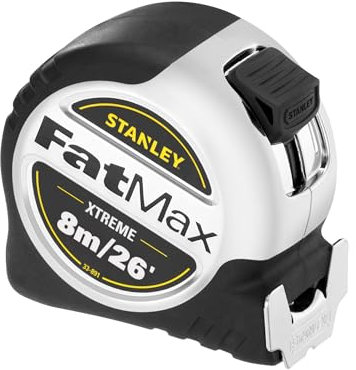 STANLEY Tape Measure Metric/Imperial System 8M 32mm Wide with Chrome Case and Rubber Grip 5-33-891 (Packaging may vary)