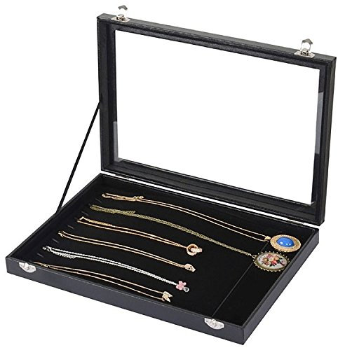 Sinoba Schmucklade Schmuckkasten Schaukasten Schmuckdisplay mit Glasdeckel (Lange Ketten mit Gummiband)