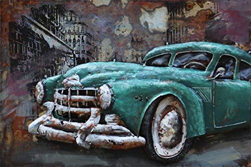 Vintage Line Handgefertigtes Metallbild 3D-Optik Verschiedene Größen Kunst Bild Wandbild (Metallbild Oldtimer Cyan (ca. 60x40 cm))