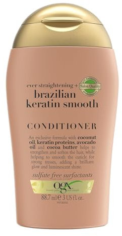 OGX Ever Straightening + Brazilian Keratin Smooth Balsamo da viaggio con Cheratina per capelli lisciante e Olio di Cocco e Avocado, Balsamo capelli ricci e crespi in formato travel size da 88.7 ml
