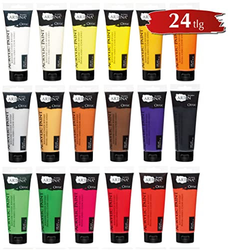 Artina 24er Acrylfarben Set 120ml Crylic – Schnelltrocknende Farbe zum Malen Deckende Malfarbe 24x120ml Acryl Künstlerfarben Set Grundfarben Tuben Wasserfest & Hohe Pigmentierung