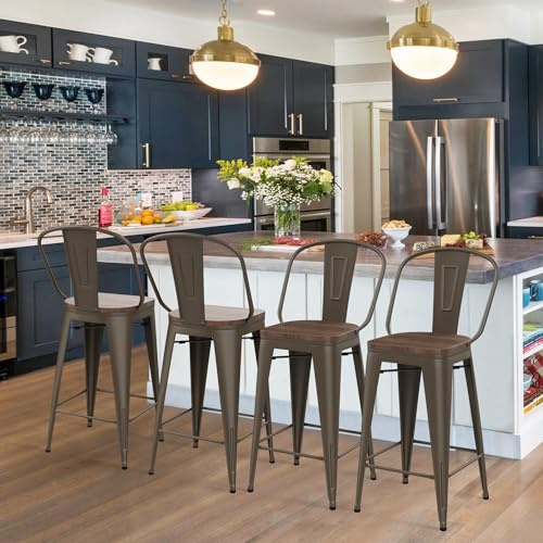HAOBO Home 26 High Back Metal Counter Stool Height Bar Stools with Wooden Seat [Set of 4], Bronze
