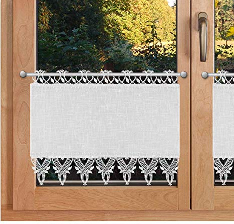 Scheibenhänger Landhausstil Rebecca hochwertige Vogtländische Spitze | Scheibengardine mit Käseleinen-Struktur weiß und Spitzenbesatz | feine, zeitlose Blatt- und Ornament-Stickerei HxB 40 x 142
